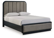 Rowanbeck Queen Upholstered Panel Bed with Mirrored Dresser and 2 Nightstands in Gray/Black from Ashley - Luna Furniture