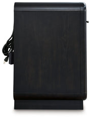 Rowanbeck Queen Upholstered Panel Bed with Mirrored Dresser, Chest and 2 Nightstands in Gray/Black from Ashley - Luna Furniture