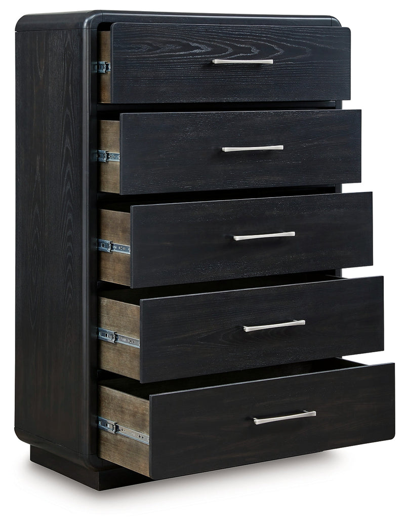 Rowanbeck Queen Upholstered Panel Bed with Mirrored Dresser, Chest and 2 Nightstands in Gray/Black from Ashley - Luna Furniture
