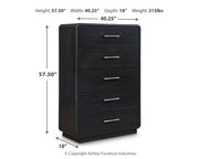 Rowanbeck Queen Upholstered Panel Bed with Mirrored Dresser, Chest and 2 Nightstands in Gray/Black from Ashley - Luna Furniture