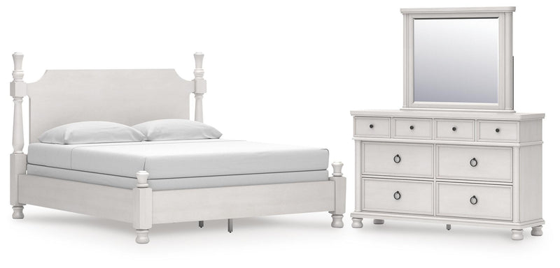 Rowlenstown California King Poster Bed, Dresser and Mirror in Antique White - PKG023878
