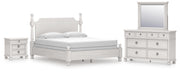 Rowlenstown California King Poster Bed, Dresser, Mirror and Nightstand in Antique White - PKG023879