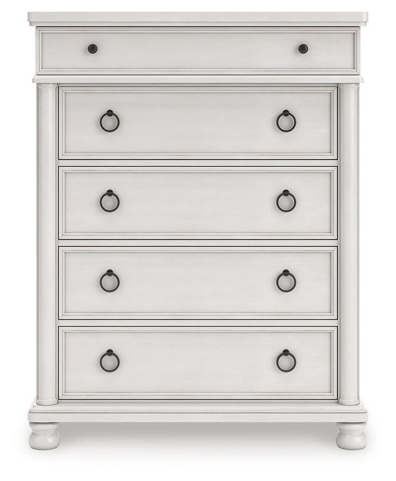 Rowlenstown King Poster Bed, Dresser and Chest in Antique White - PKG023876