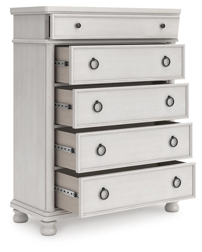 Rowlenstown King Poster Bed, Dresser and Chest in Antique White - PKG023876