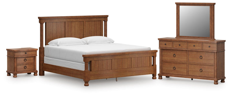 Rowlenstown King Poster Bed with Mirrored Dresser and Nightstand in Brown - PKG023762