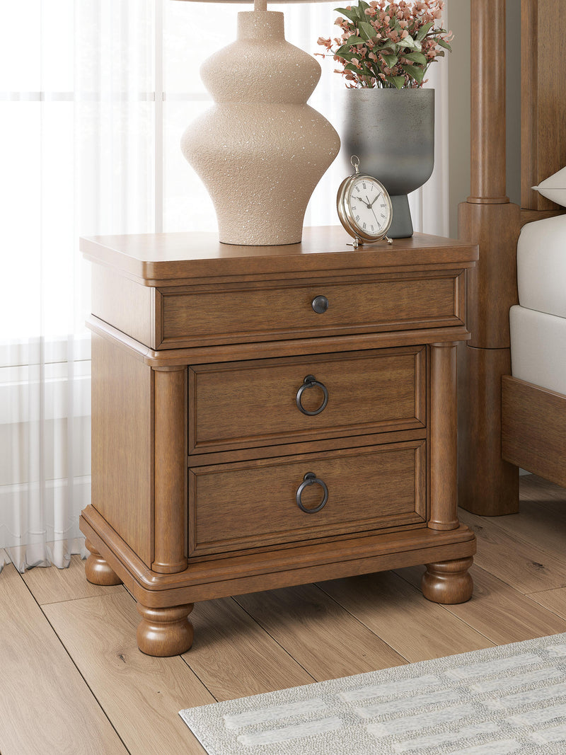 Rowlenstown King Poster Bed with Mirrored Dresser and Nightstand in Brown - PKG023762