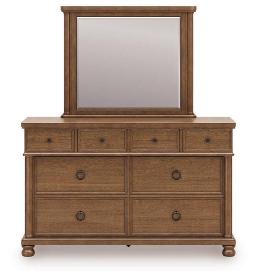Rowlenstown King Poster Bed with Mirrored Dresser in Brown - PKG023761