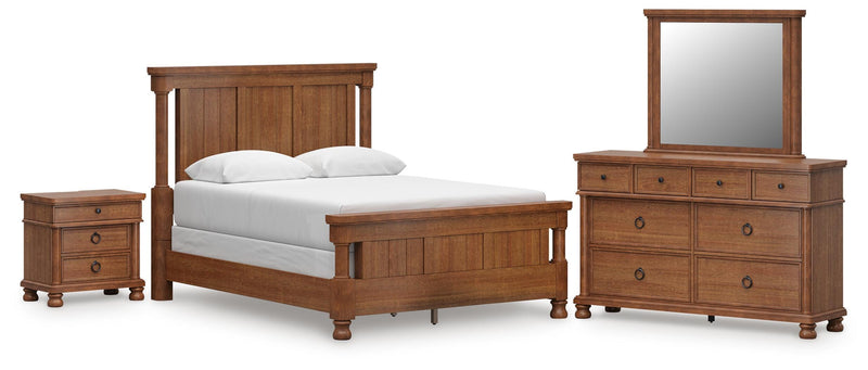 Rowlenstown Queen Poster Bed with Mirrored Dresser and Nightstand in Brown - PKG023757