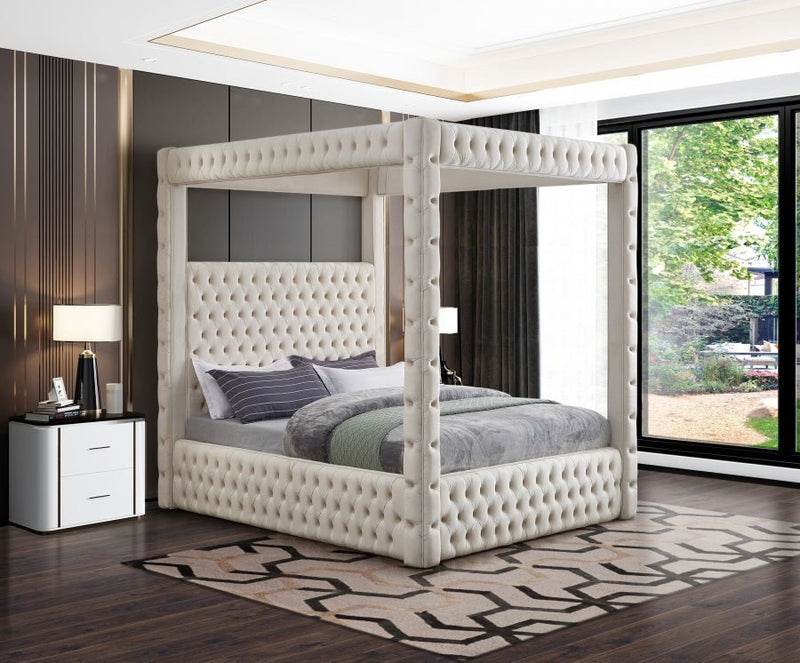 Royal Velvet Queen Bed (4 Boxes) Cream - Gate FurnitureQueen Bed