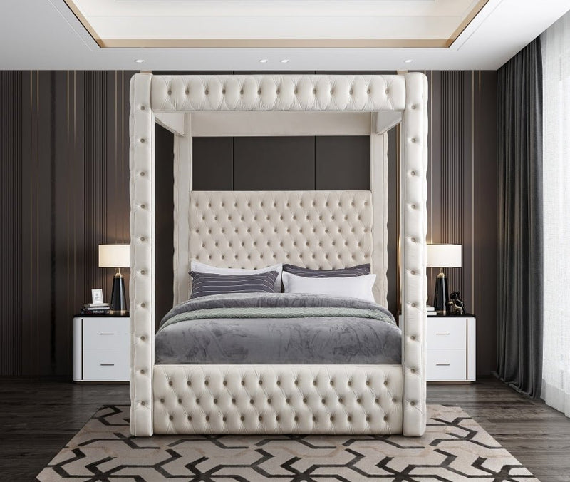 Royal Velvet Queen Bed (4 Boxes) Cream - Gate FurnitureQueen Bed