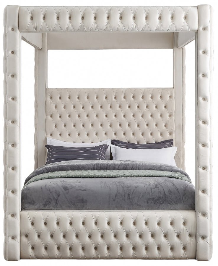 Royal Velvet Queen Bed (4 Boxes) Cream - Gate FurnitureQueen Bed
