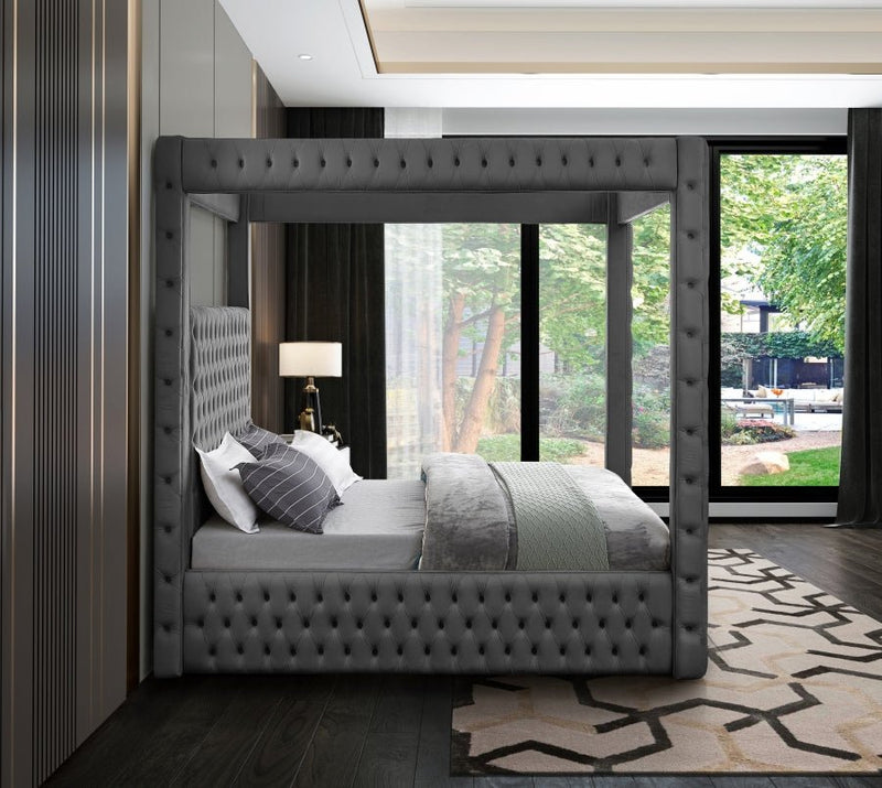 Royal Velvet Queen Bed (4 Boxes) Grey - Gate FurnitureQueen Bed