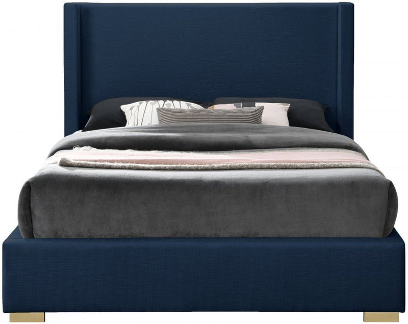 Royce Linen Textured Queen Bed (3 Boxes) Blue - Gate FurnitureQueen Bed