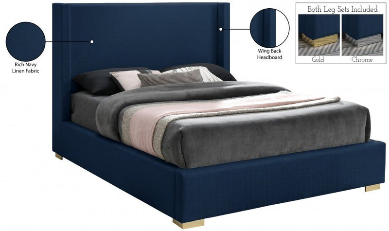 Royce Linen Textured Queen Bed (3 Boxes) Blue - Gate FurnitureQueen Bed