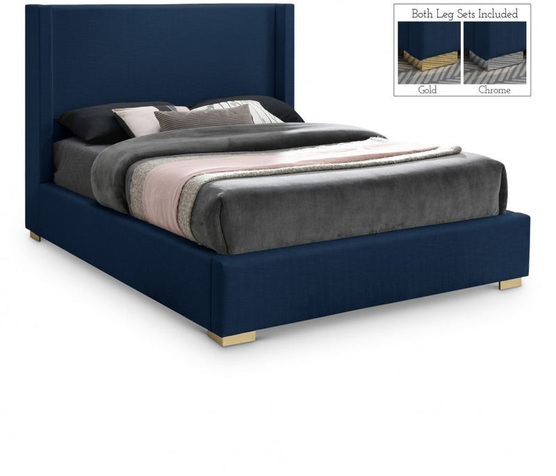 Royce Linen Textured Queen Bed (3 Boxes) Blue - Gate FurnitureQueen Bed
