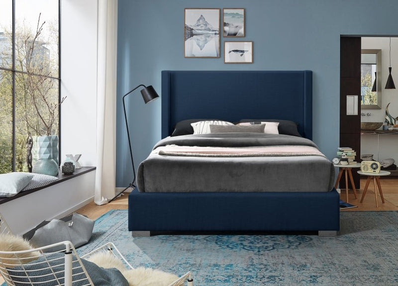 Royce Linen Textured Queen Bed (3 Boxes) Blue - Gate FurnitureQueen Bed