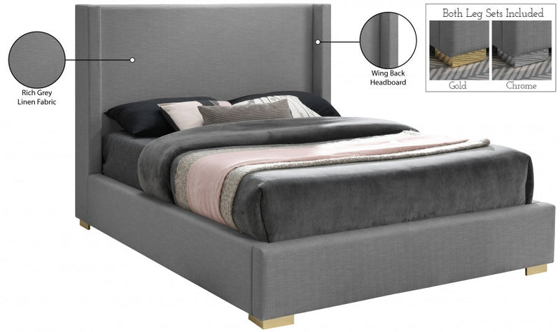 Royce Linen Textured Queen Bed (3 Boxes) Grey - Gate FurnitureQueen Bed
