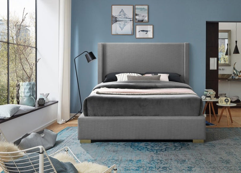 Royce Linen Textured Queen Bed (3 Boxes) Grey - Gate FurnitureQueen Bed