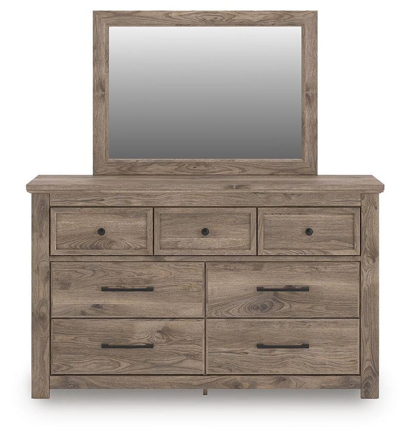 Rusticott Queen Panel Bed with Mirrored Dresser and Nightstand in Brown - PKG023692