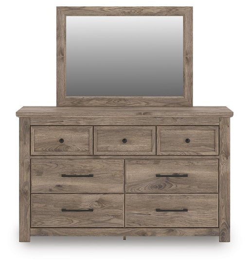 Rusticott Queen Panel Bed with Mirrored Dresser and Nightstand in Brown - PKG023692