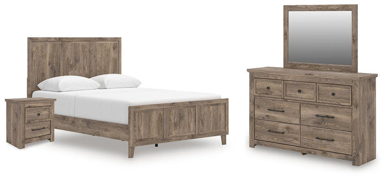Rusticott Queen Panel Bed with Mirrored Dresser and Nightstand in Brown - PKG023692