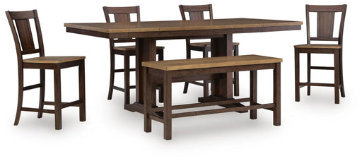 Rylandeen Counter Height Dining Table and 4 Barstools and Bench in Light Brown/Dark Brown - PKG024562