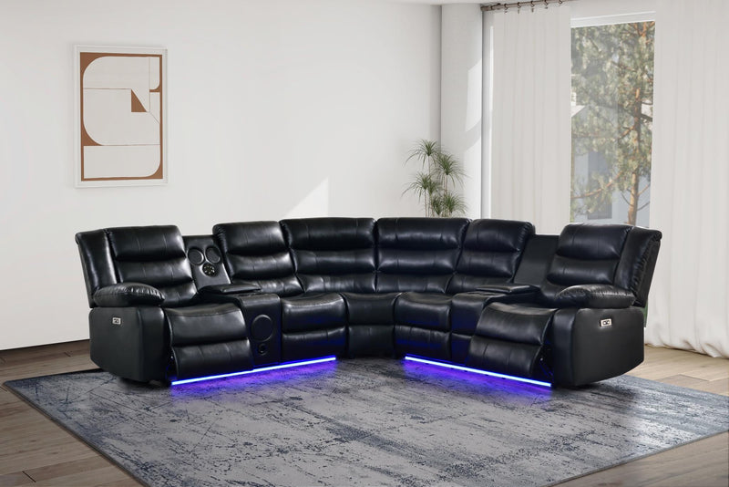 [S419-Sectional-1] Jovi - Sectional (S418_S419) (Black, Power, Tube LED, 3PC), Leather Gel, Brown With : Power Recliner, Console, Speaker, Sub Woofer, Tube LED light, Cup Holder, USB Charger Each - S419-Sectional-1