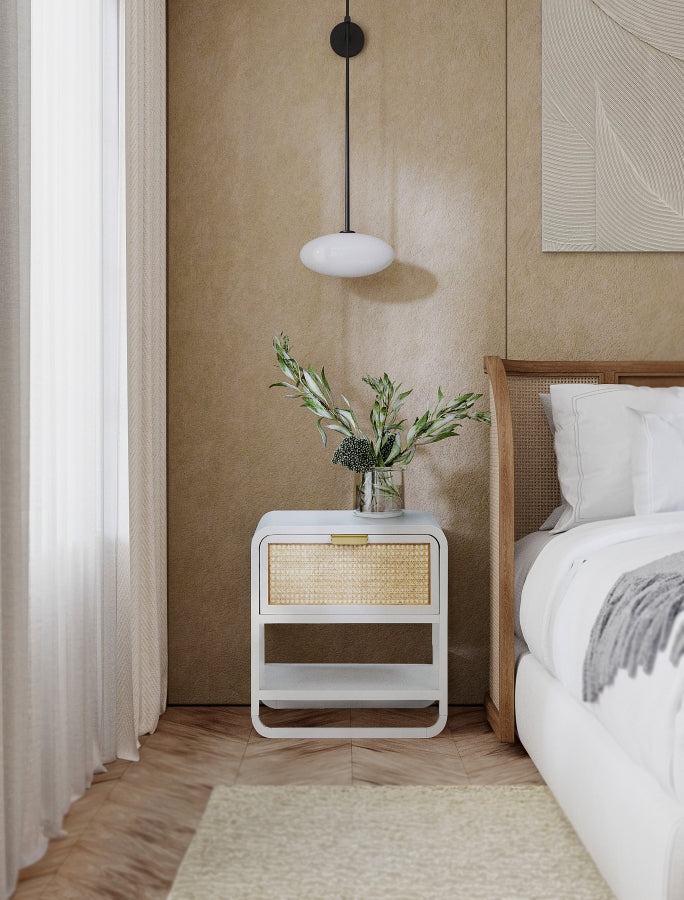 Sage Solid Wood And Natural Cane Nightstand in White - 873White-NS