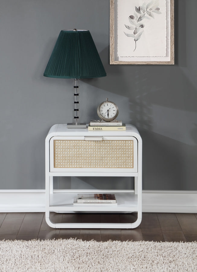 Sage Solid Wood And Natural Cane Nightstand in White - 873White-NS