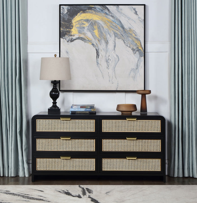 Sage Solid Wood And Natural Cane Wood Dresser in Black - 873Black-D