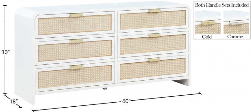 Sage Solid Wood And Natural Cane Wood Dresser in White - 873White-D