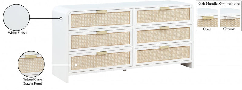 Sage Solid Wood And Natural Cane Wood Dresser in White - 873White-D