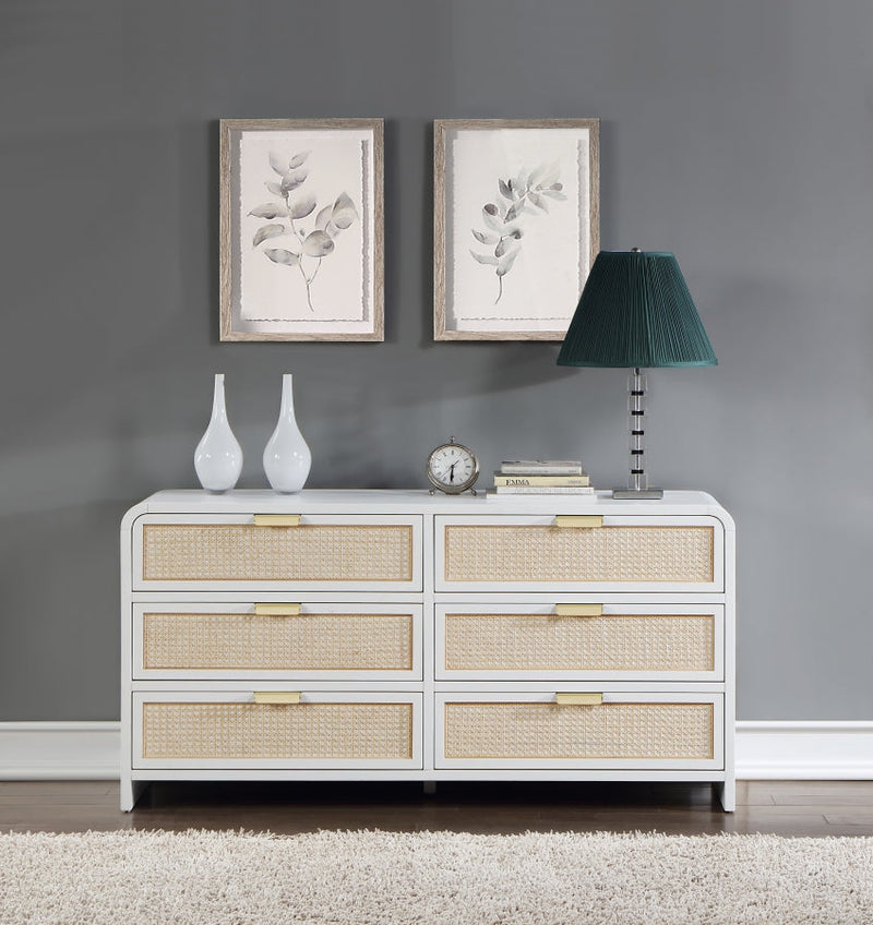 Sage Solid Wood And Natural Cane Wood Dresser in White - 873White-D