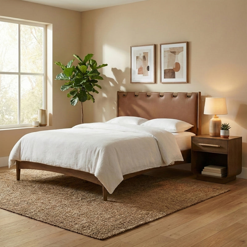 Santos Vegan Leather Headboard and Wood King Bed in Brown - B1265Brown-K