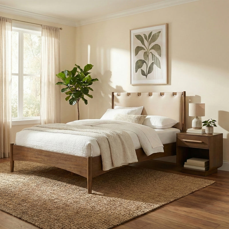 Santos Vegan Leather Headboard and Wood Queen Bed in Beige - B1265Beige-Q