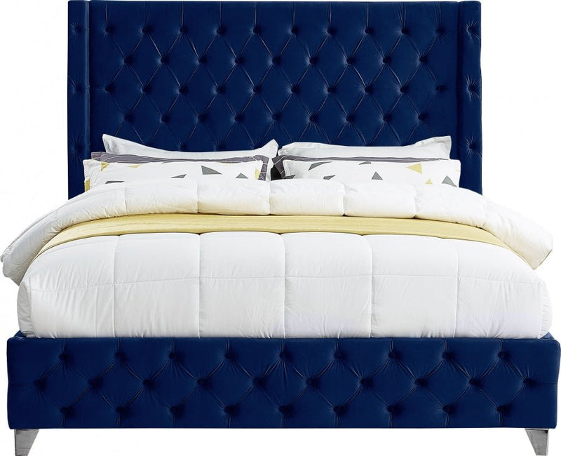 Savan Velvet King Bed Blue - Gate FurnitureKing Bed