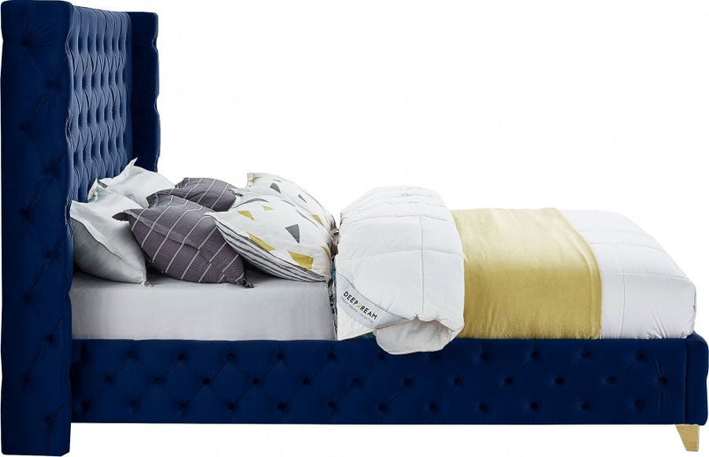 Savan Velvet King Bed Blue - Gate FurnitureKing Bed