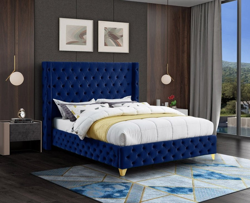Savan Velvet King Bed Blue - Gate FurnitureKing Bed