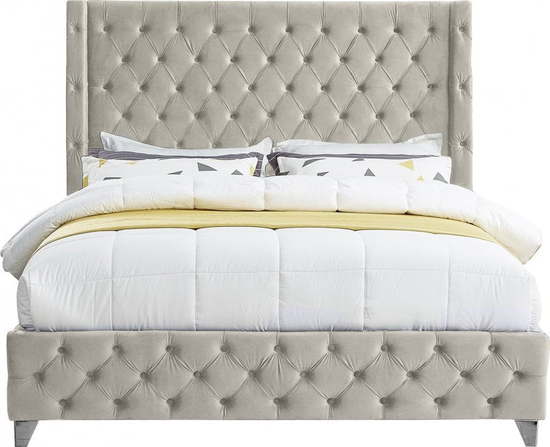 Savan Velvet King Bed Cream - Gate FurnitureKing Bed
