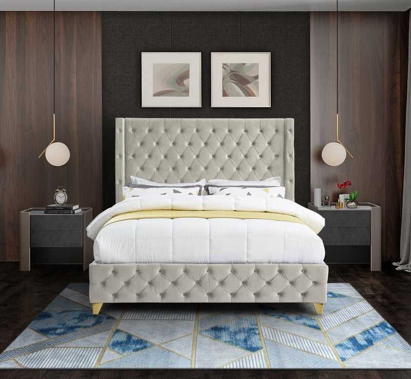Savan Velvet King Bed Cream - Gate FurnitureKing Bed