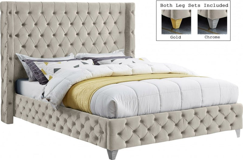 Savan Velvet King Bed Cream - Gate FurnitureKing Bed