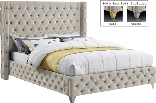 Savan Velvet King Bed Cream - Gate FurnitureKing Bed
