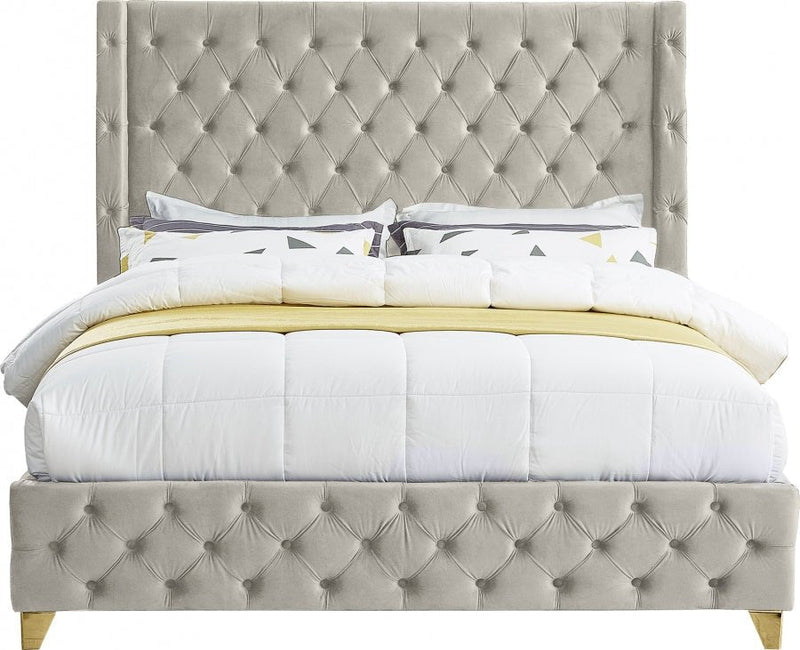 Savan Velvet King Bed Cream - Gate FurnitureKing Bed