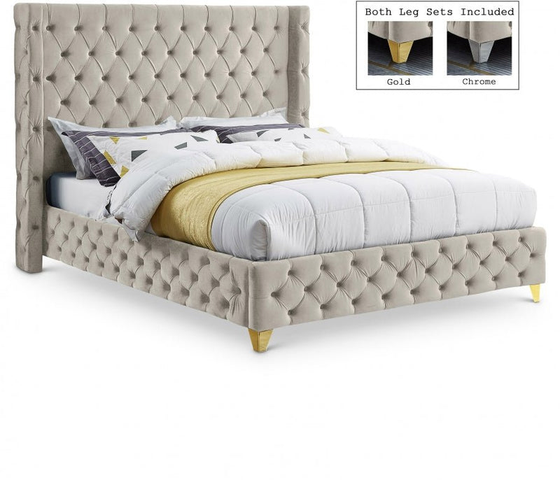 Savan Velvet King Bed Cream - Gate FurnitureKing Bed