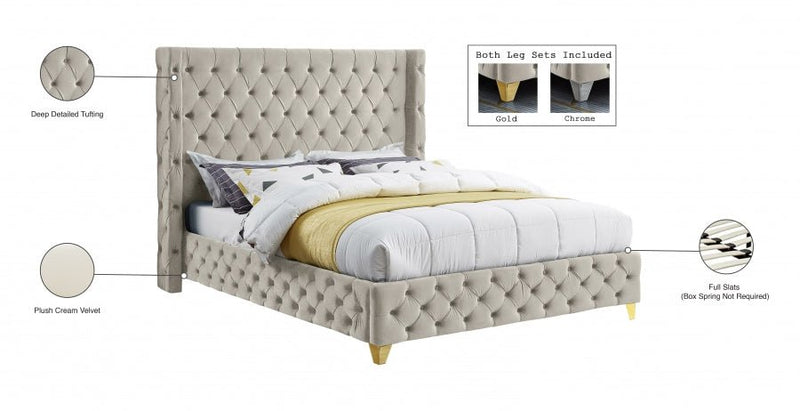 Savan Velvet King Bed Cream - Gate FurnitureKing Bed