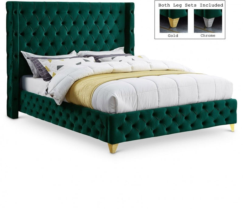 Savan Velvet King Bed Green - Gate FurnitureKing Bed