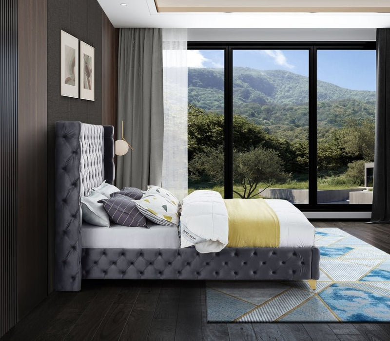 Savan Velvet King Bed Grey - Gate FurnitureKing Bed