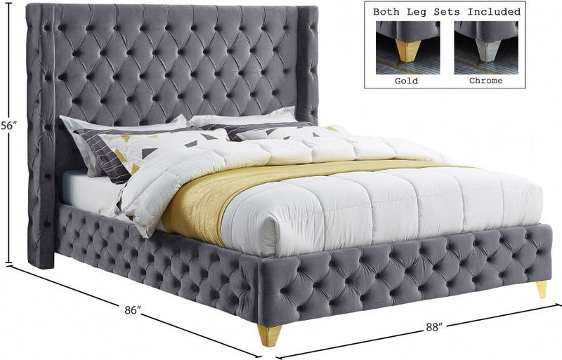 Savan Velvet King Bed Grey - Gate FurnitureKing Bed