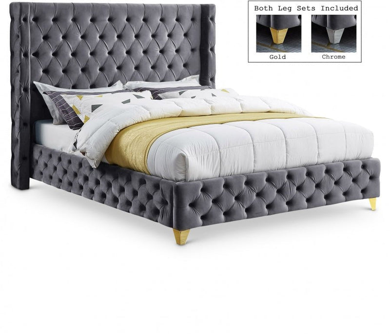 Savan Velvet King Bed Grey - Gate FurnitureKing Bed