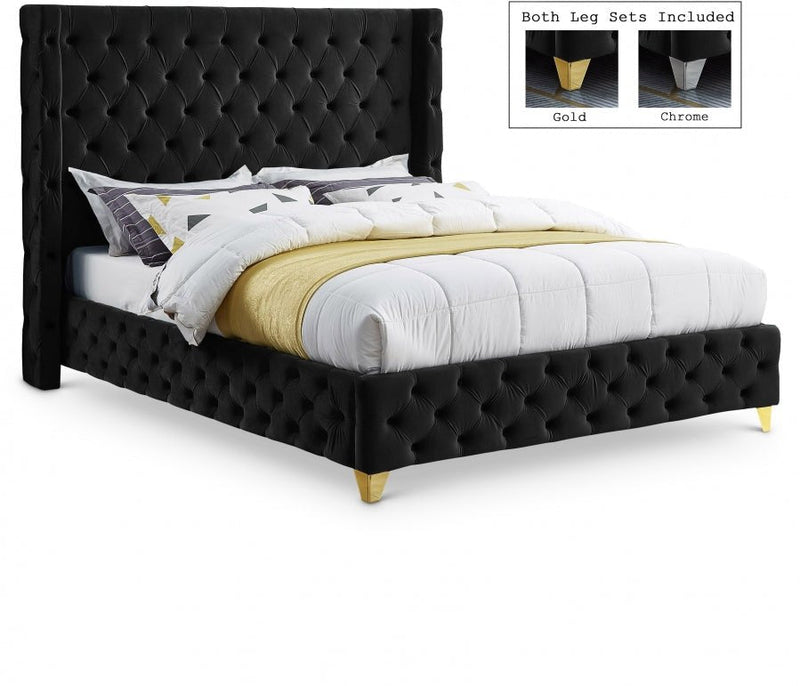 Savan Velvet Queen Bed Black - Gate FurnitureQueen Bed